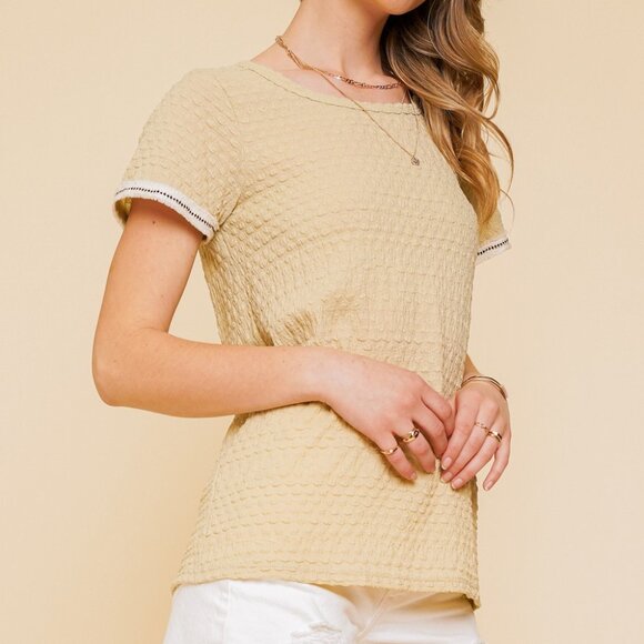 HEM & THREAD Light Green Textured Short Sleeve Top, Honeycomb Knit Blouse - Picture 3 of 5